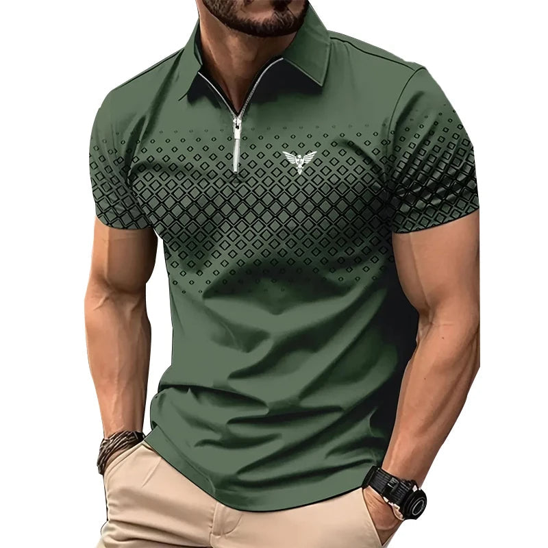 Privazz – Men’s Polo with Geometric Print and Zip – Stylish and Comfortable for Every Day