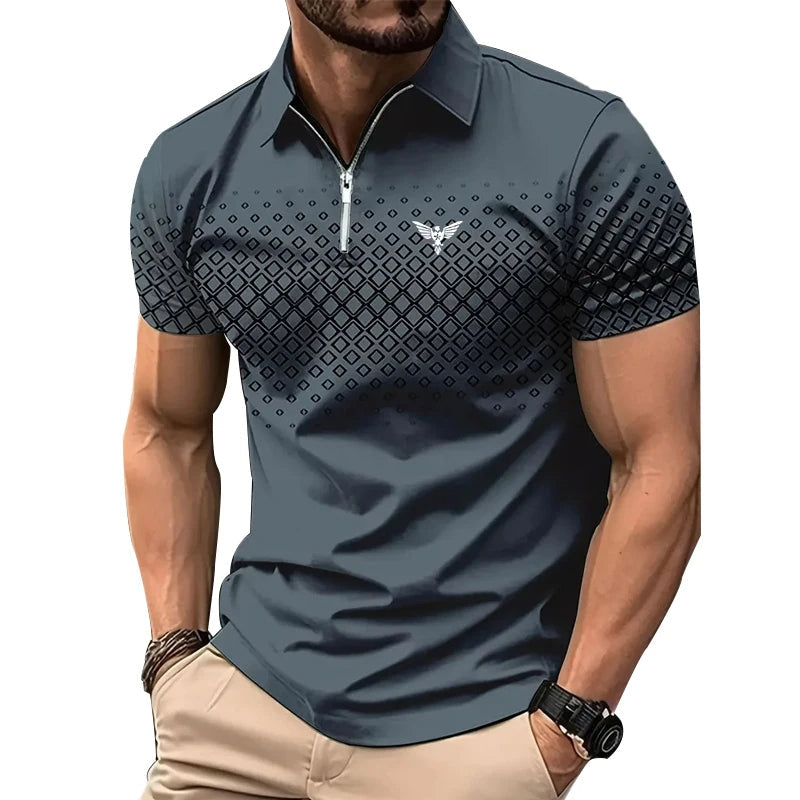 Privazz – Men’s Polo with Geometric Print and Zip – Stylish and Comfortable for Every Day