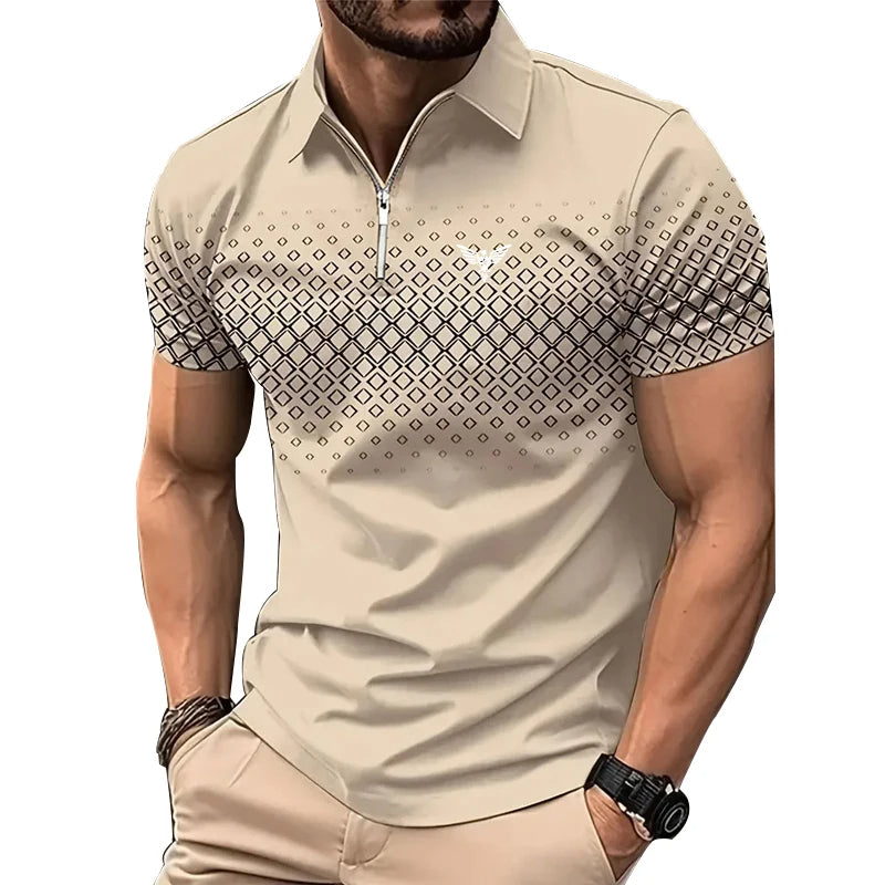 Privazz – Men’s Polo with Geometric Print and Zip – Stylish and Comfortable for Every Day